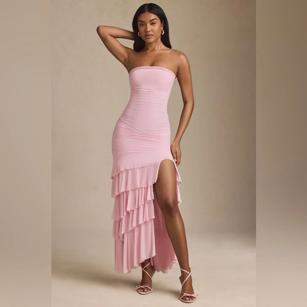 Oh Polly Hayami Bandeau Ruched Ruffle-Trim Maxi Dress in Blush - Size 2 - Picture 4 of 16